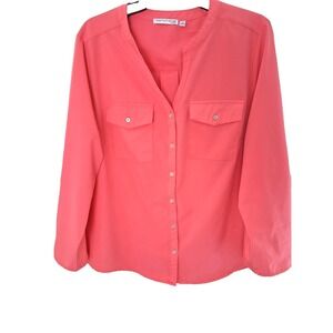 Notations Button Front Lightweight  Blouse Womens‎ 1X Pockets Roll Tab Sleeves